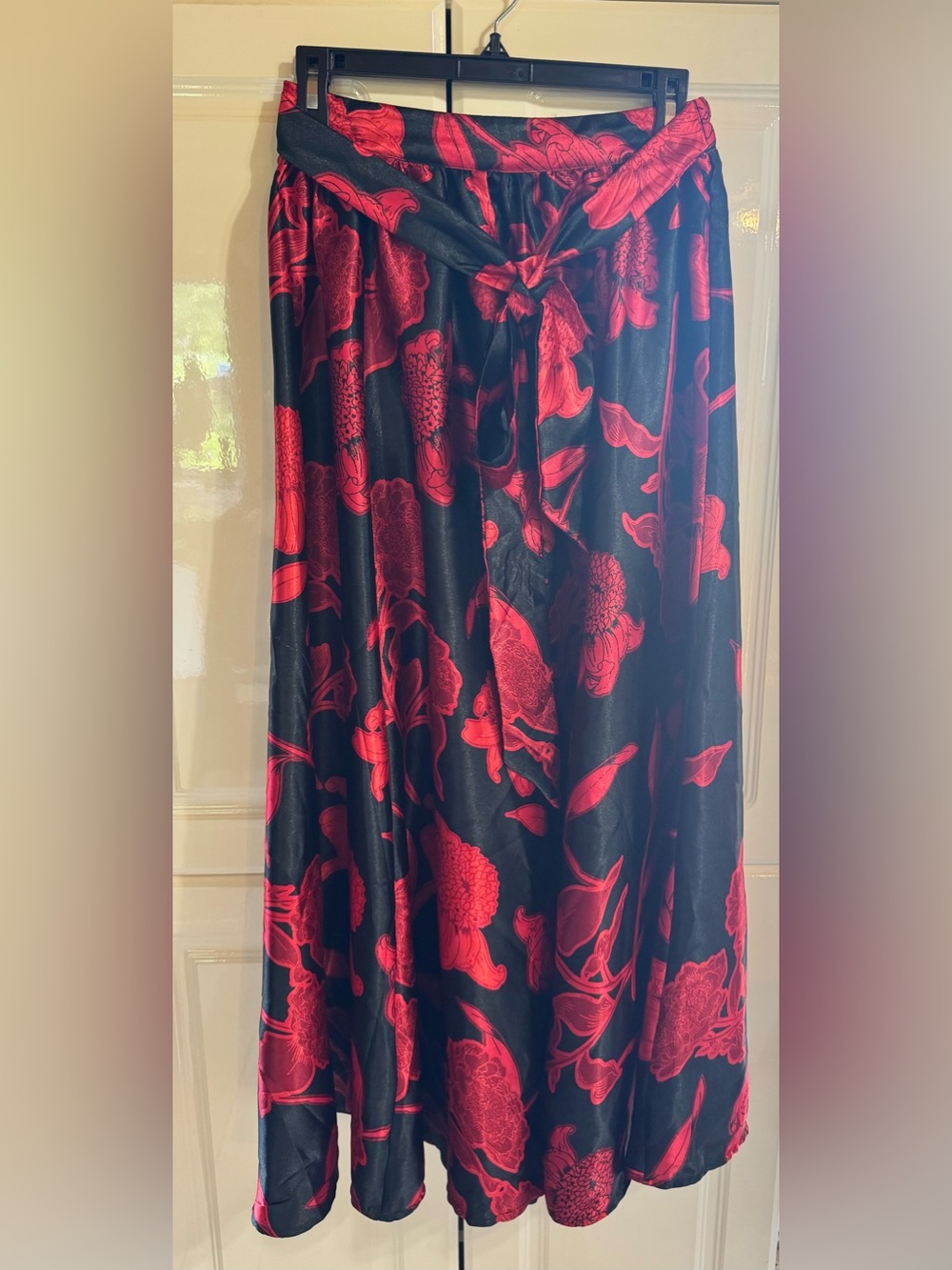 Truly 4 You, Black Satin Maxi Skirt with Red Floral Print